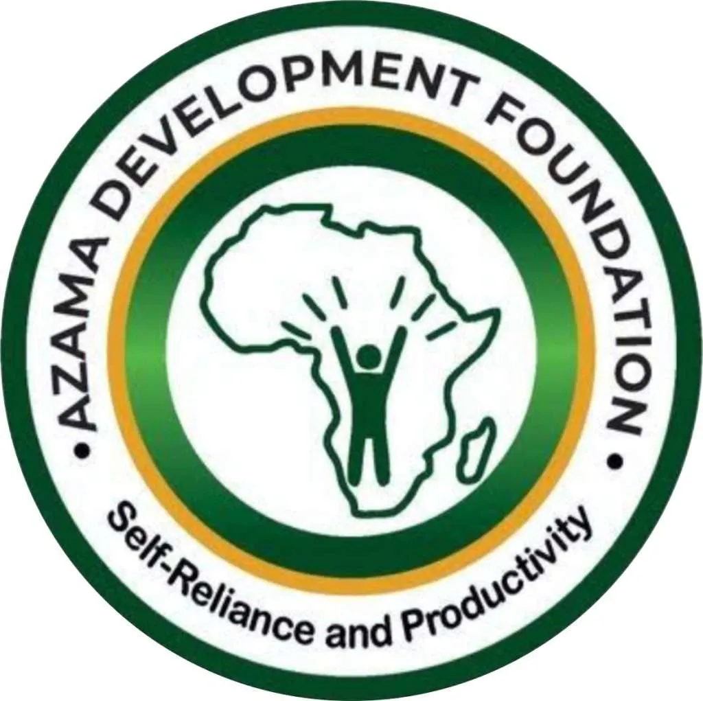 Logo for Azama Development Foundation showing a circle with the words self-reliance and productivity with the African continent in the center.