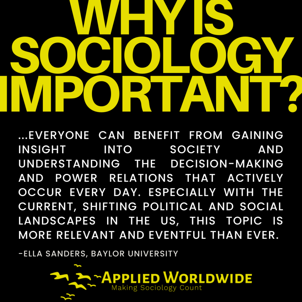 Quote graphic reading "...everyone can benefit from gaining insight into society and understanding the decision-making and power relations that actively occur every day. Especially with the current, shifting political and social landscapes in the US, this topic is more relevant and eventful than ever." authored by Ella Sanders, Baylor University