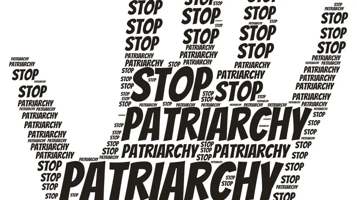 Graphic of a Word Cloud Compiling the Worlds "stop" and "patriarchy" in the Shape of a Hand Held Up to Signal "stop"