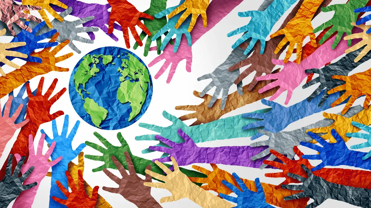 Graphic Showing the Earth with a Colorful Hoard of Hands Reaching Toward It.