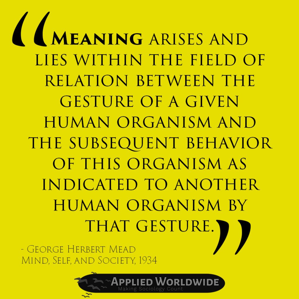 George Herbert Mead Quote Reading "meaning Arises and Lies Within the Field of Relation Between the Gesture of a Give Human Organism and the Subsequent Behavior of the Organisms Indicated to Another Human Organism by That Gesture." As Seen in 3 Sociological Perspectives on Halloween