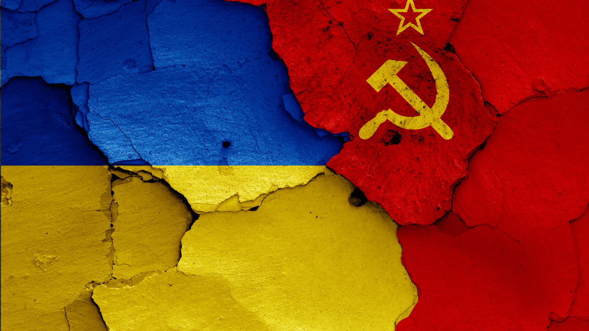 Graphic for Interview Titled "russia-ukraine, Taiwan & Beyond: Insights from Filip Noubel" Showing the Soviet Union Symbol Juxtaposed Against the Ukrainian Flag Colors