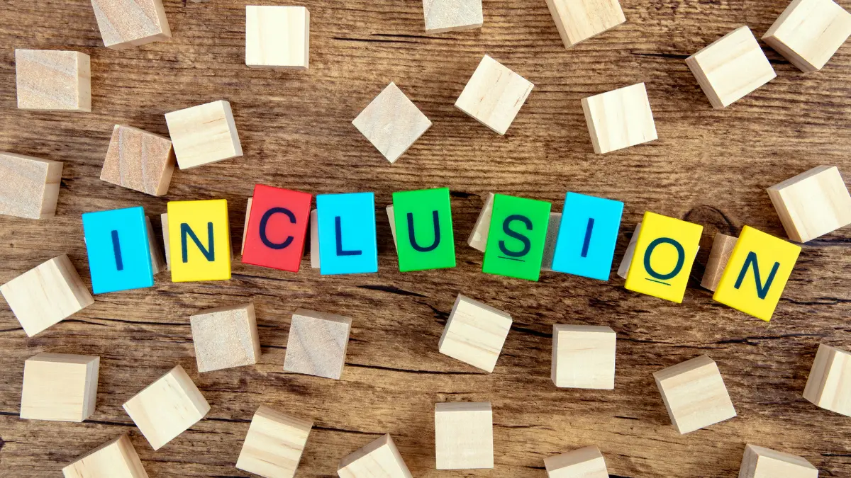 Title Graphic for a Blog Titled "can Applied Sociology Be a Catalyst for Radical Inclusion in Sociology?" Showing Colorful Blocks Spread out on a Table Spelling the World "inclusion."