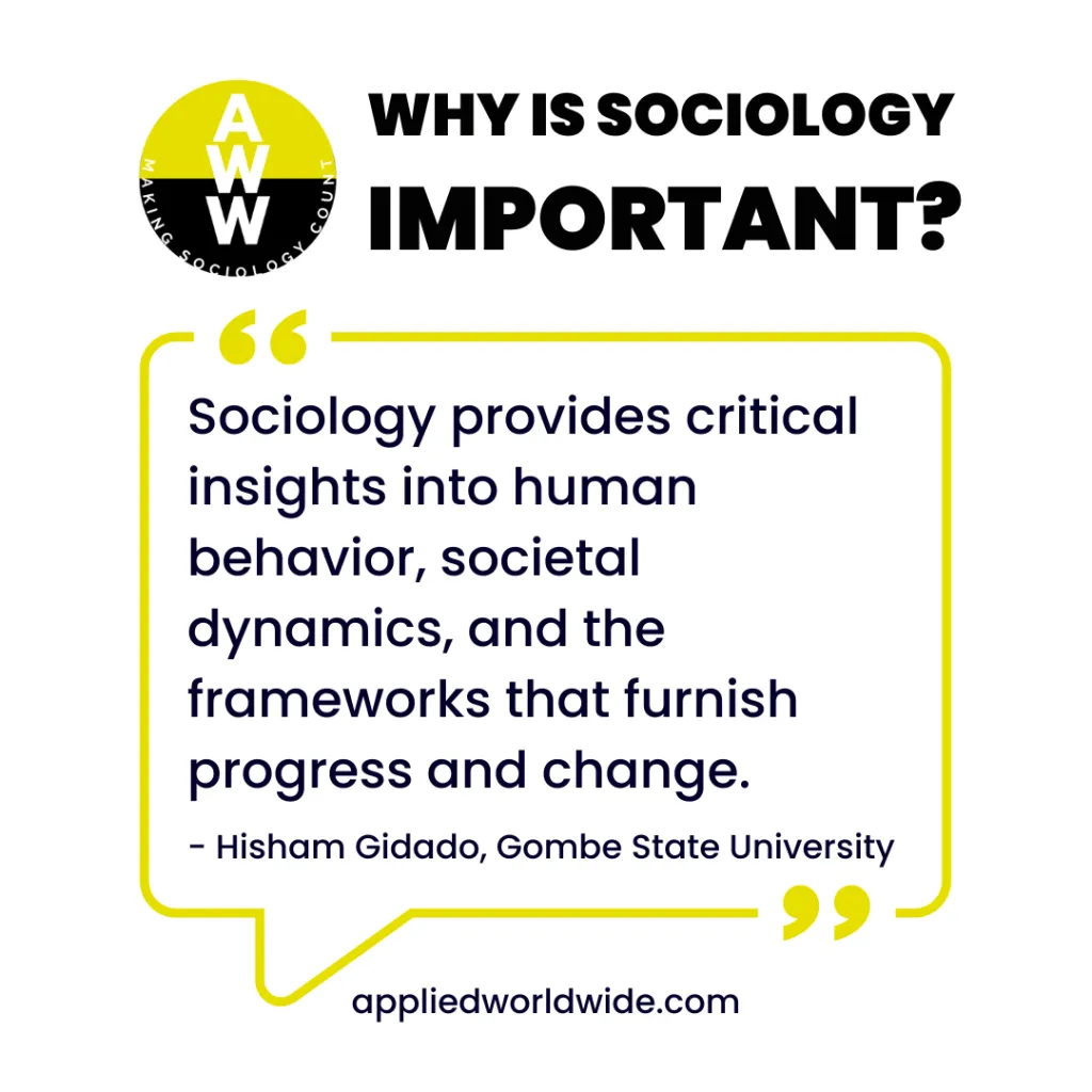 Quote from 3rd place essay winner Hisham Gadido that reads "Sociology provides critical insights into human behavior, societal dynamics, and the frameworks that furnish progress and change."