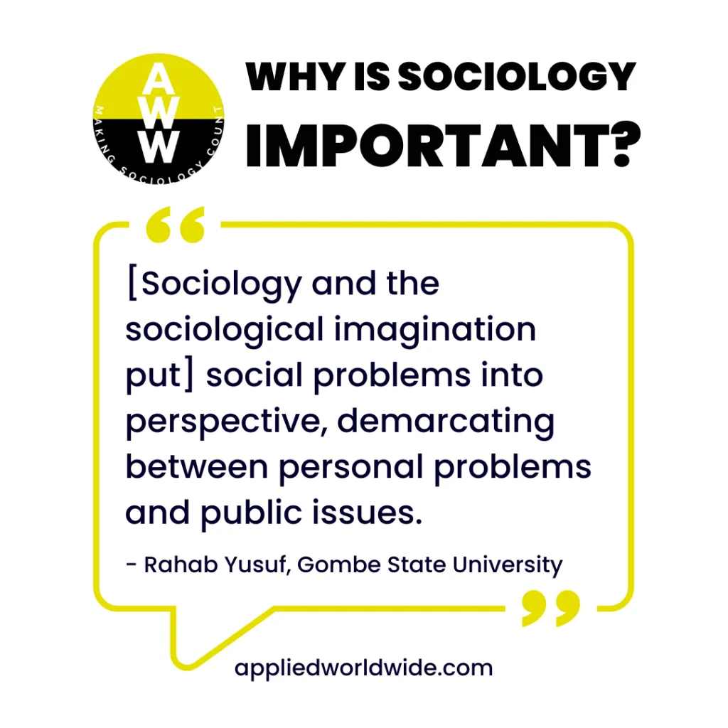 Quote from 3rd place essay winner Rahab Yusuf that reads "[Sociology and the sociological imagination put] social problems into perspective, demarcating between personal problems and public issues."