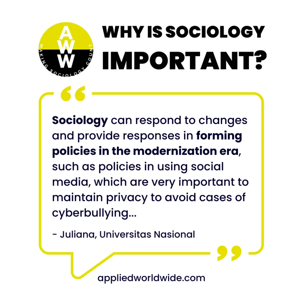 Quote from 3rd place essay winner Juliana reading "Sociology can respond to changes and provide responses in forming policies in the modernization era, such as policies in using social media, which are very important to maintain privacy to avoid cases of cyberbullying..."