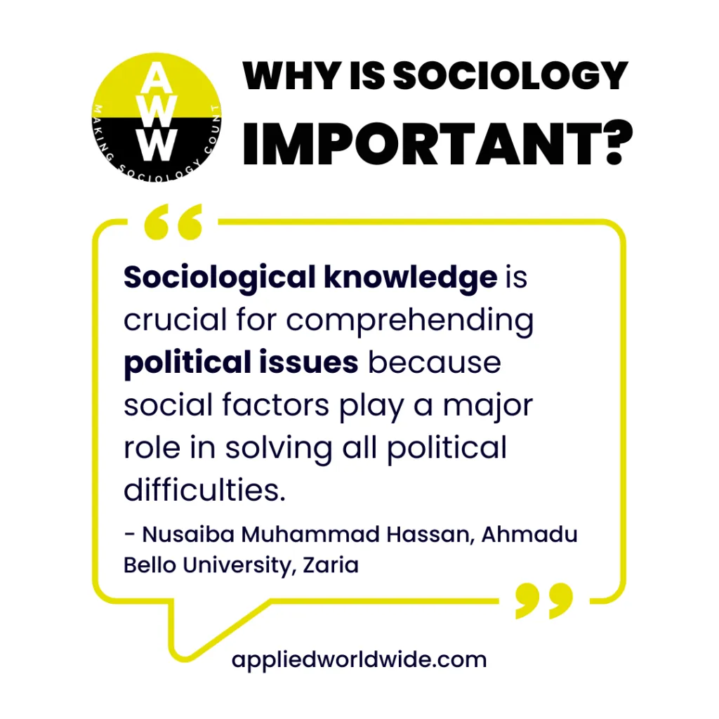 Quote from 2nd place essay winner Nusaiba Muhammad Hassan Quote reading "Sociological knowledge is crucial for comprehending political issues because social factors play a major role in solving all political difficulties."