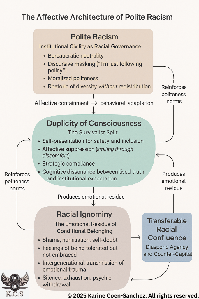 Photo showing Karine Consults conceptual framework, titled The Affective Architecture of Polite Racism.