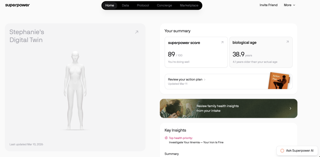 Screenshot of Stephanie's "digital twin" in the Superpower dashboard for Applied Worldwide blog "A Mini-Ethnography of the Superpower Basic Health Panel"